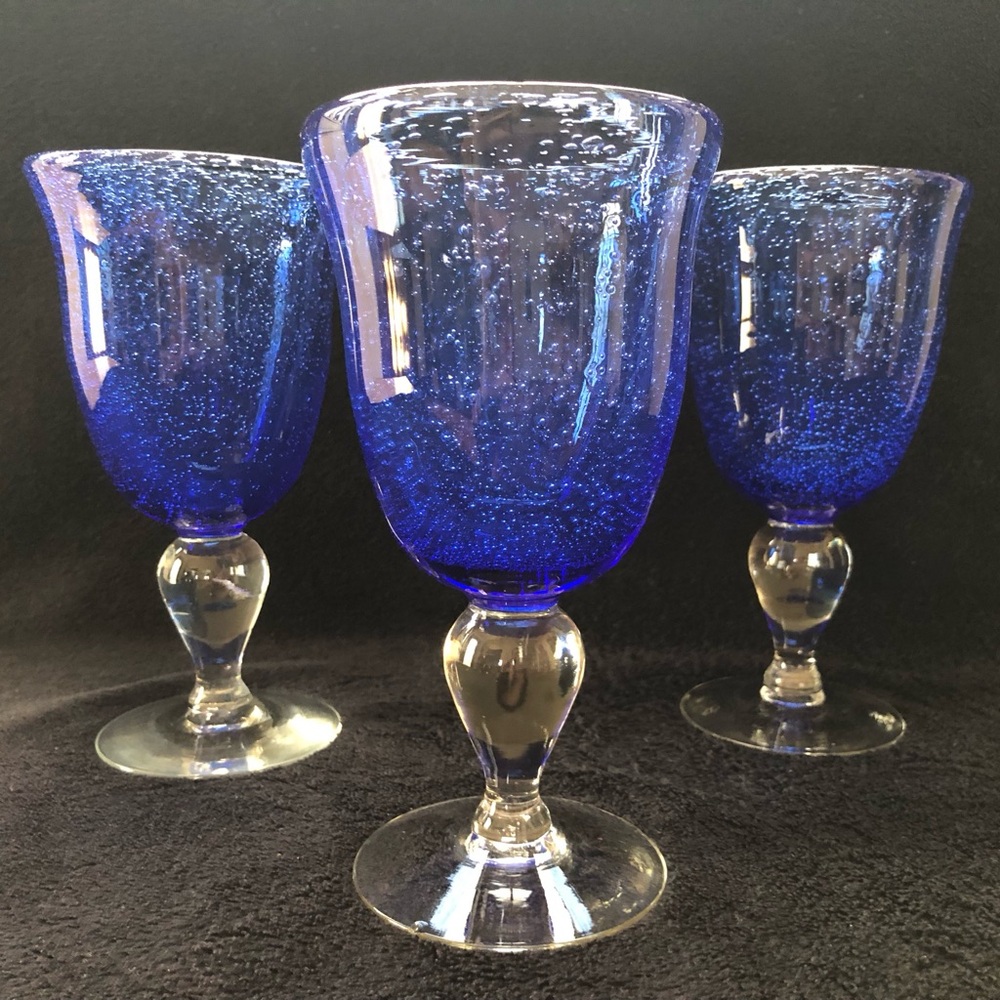 Set Of 3 Iris Colbalt Blue Water Glass Seeded Bubble Goblet Steam Set